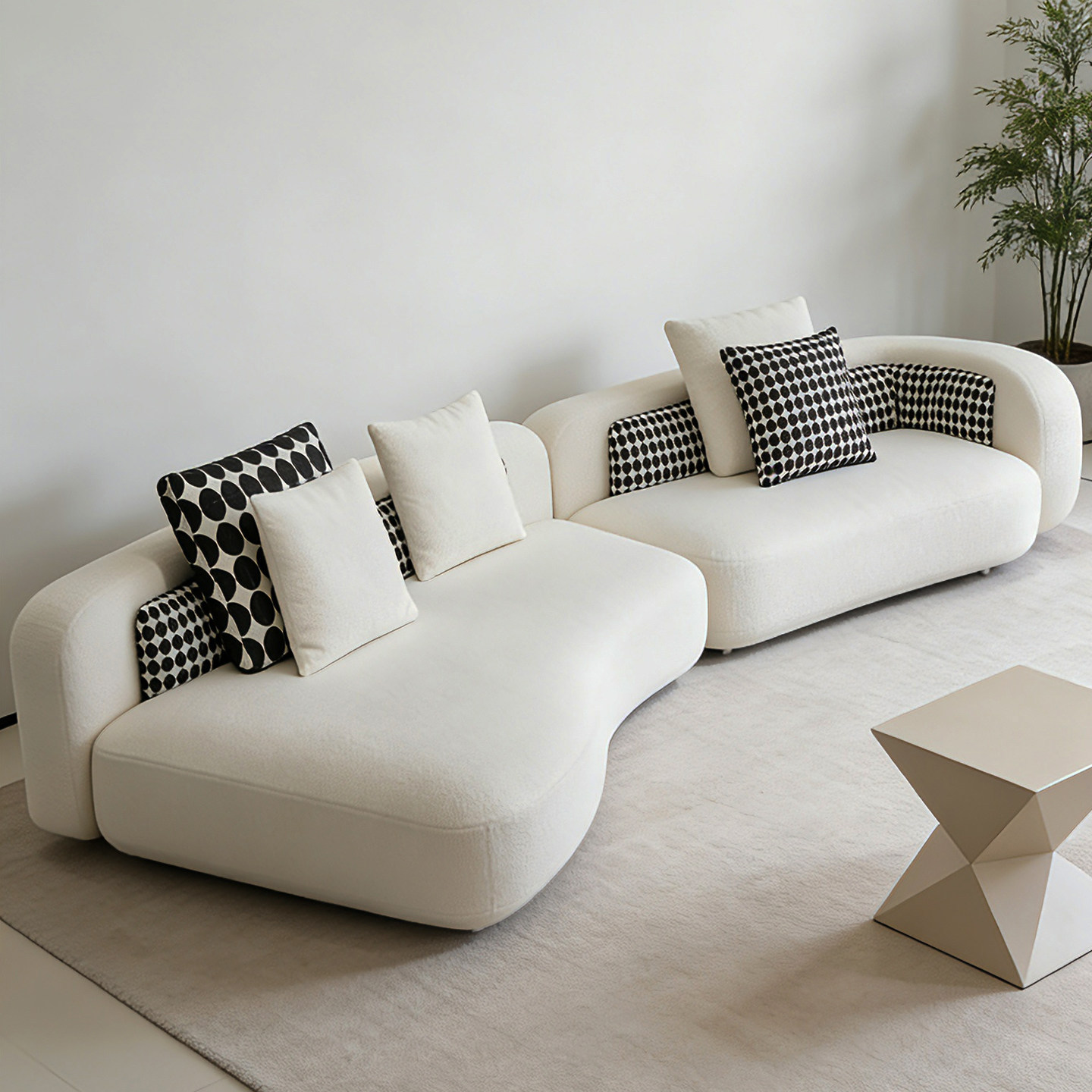 Moderno simple blanco arco VIP sofá pequeño tipo gran sala de estar crema viento sin reposabrazos sofá de tela de forma especial