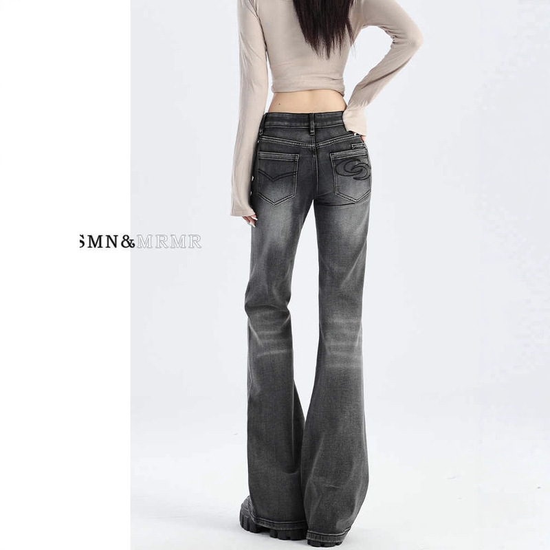 American-Style Black and Gray Mid-Low Waist Flared Jeans for Women, 2025 Autumn New Elastic Slim-Fit Bell-Bottom Pants