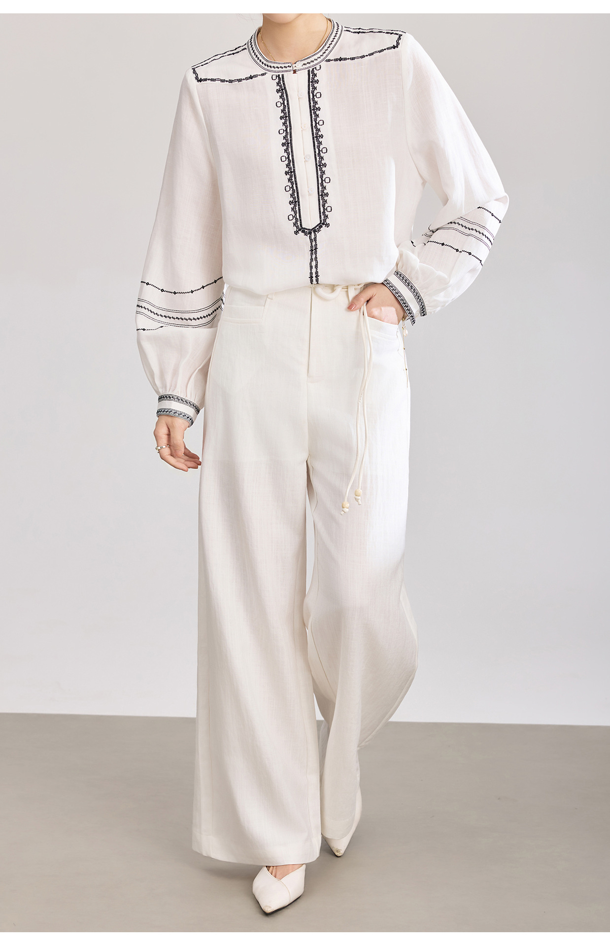 Quần culottes nữ ống rộng chất liệu cotton pha linen mát lạnh — Xanh lông mòng đen chi tiết 30