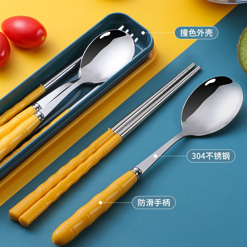 Bamboo chopsticks spoon set 304 stainless steel tableware three-piece set student fork internet celebrity Japanese style portable tableware