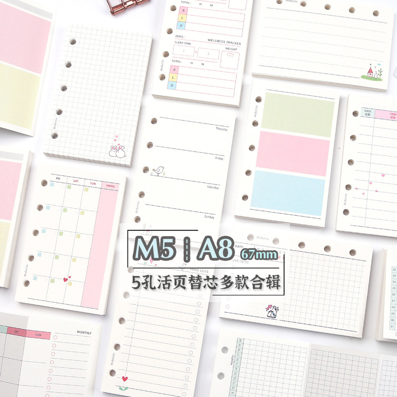M5 A8 Planner 5-Hole Colorful Refill Pages Collection Grid Blank To-Do List Daily Weekly Monthly Planner Inner Pages 67mm
