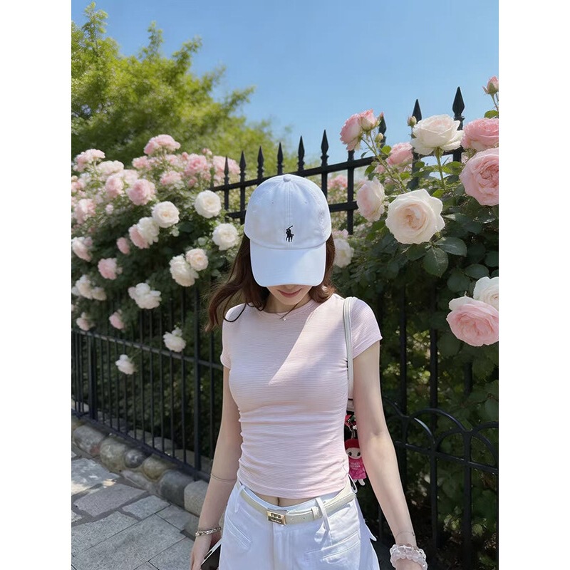 No Price Reduction, Premium Cotton Stretch Fabric 230g, Classic Versatile Pink Striped Regular Shoulder T-Shirt for Women, Summer Slim Fit No Price Reduction, Premium Cotton Stretch Fabric 230g, Classic Versatile Pink Striped Regular Shoulder T-Shirt for Women, Summer Slim Fit