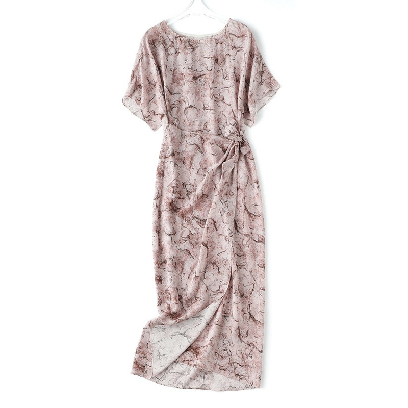 [Smart Moon Goddess] Summer Silk Dress for Women, Short-Sleeved Silk Printed Long Skirt, French Retro Wrap Skirt