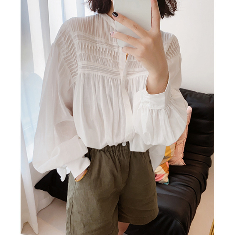 Early Spring New Soft Cotton Loose Elegant Lightweight Comfortable French Retro Elegant High JI Lantern Sleeve Shirt