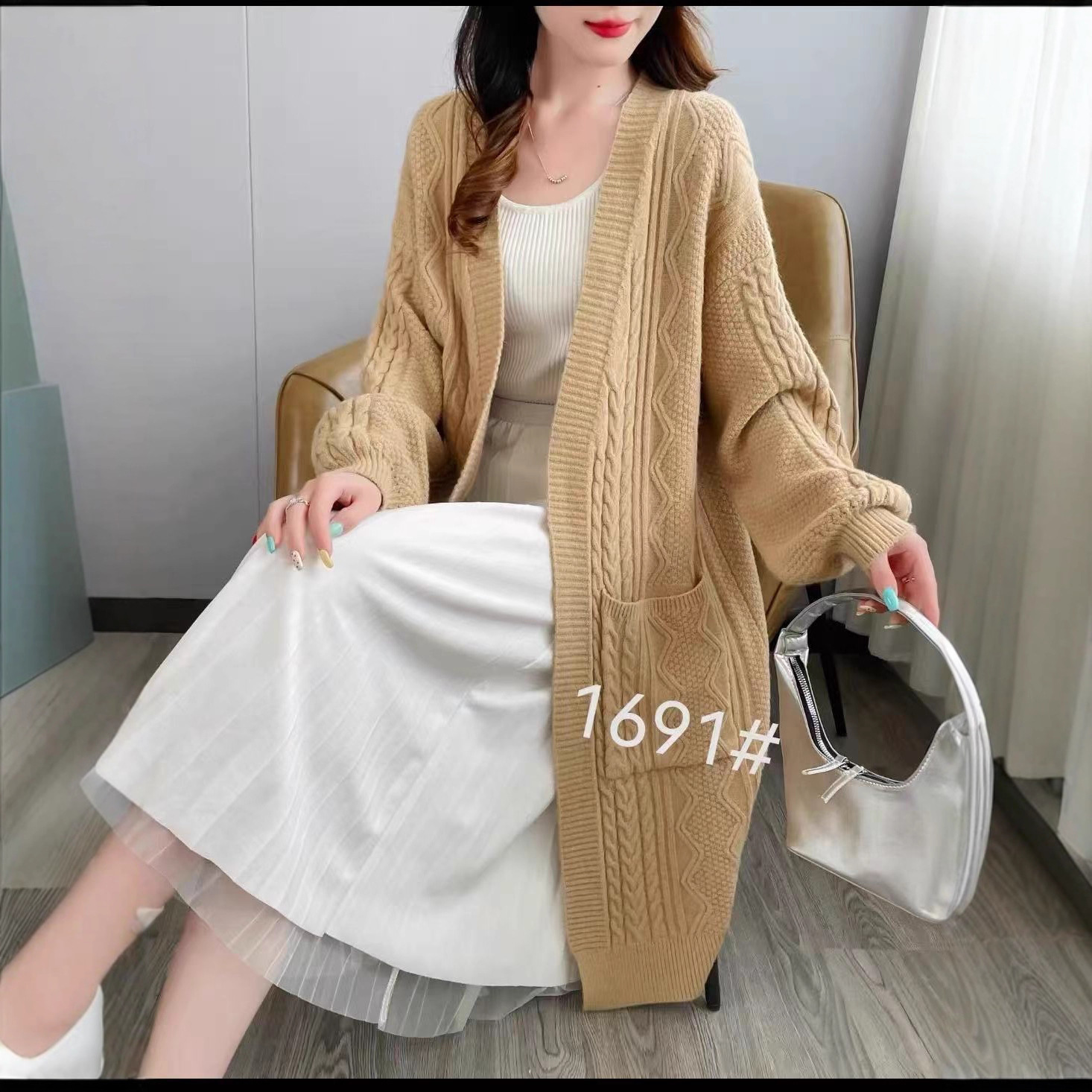 European and American Twist Mid-Length Lantern Sleeve Sweater Women's Jacket 2024 Autumn and Winter New Lazy Style Stripesd Knitted Cardigan