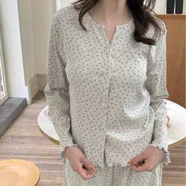韩国ins女士春秋新品韩系海盐蓝小碎花针织家居服睡衣套装带胸垫