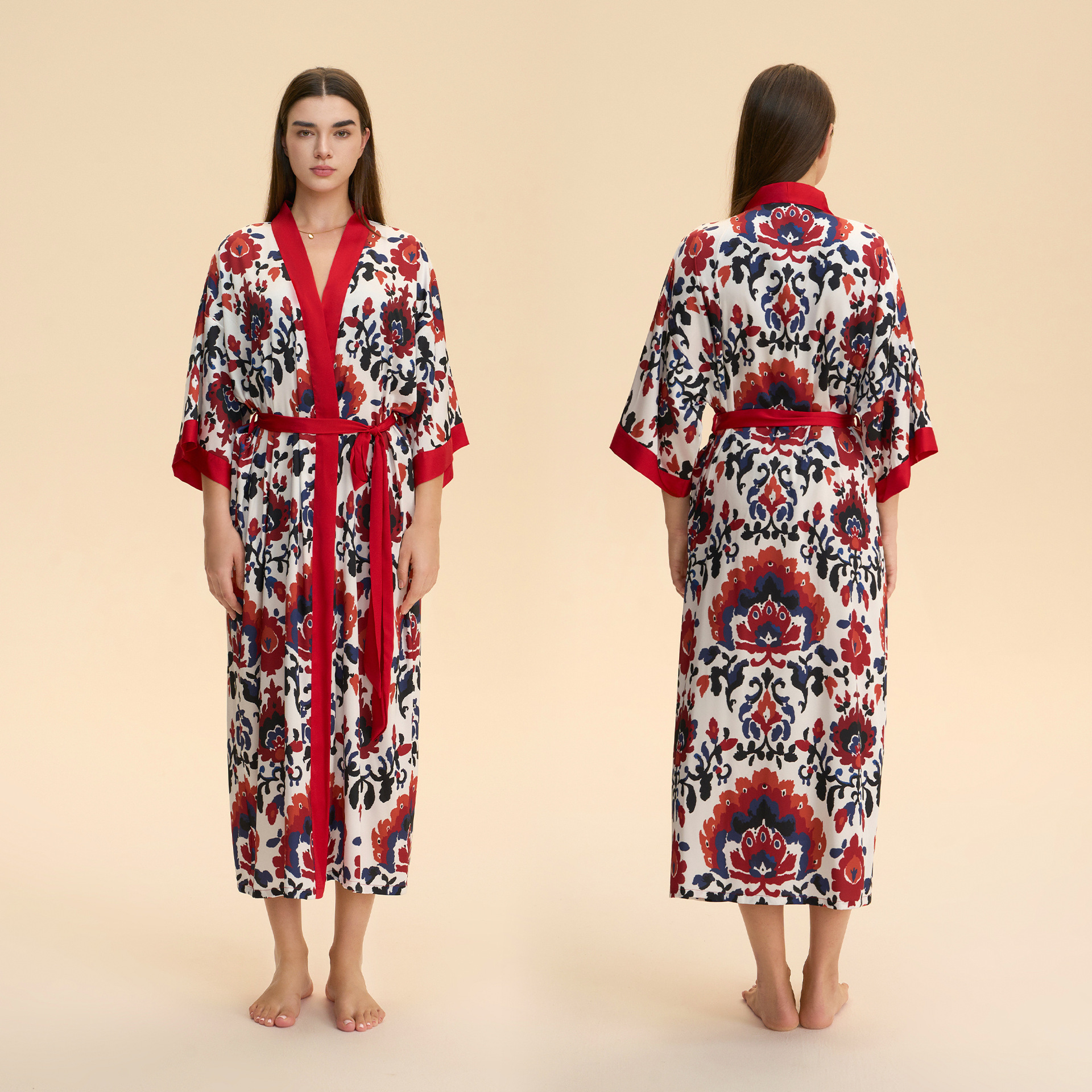 Europa y América pijamas damas primavera y otoño satén chiffon bata de baño impresión desordenada bata de dormir cómoda ropa larga para el hogar WP3976