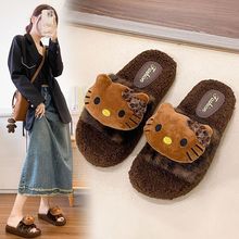 豹纹kt猫毛毛拖鞋女秋冬新款外出小众辣妹风高颜值羊羔毛居家棉拖