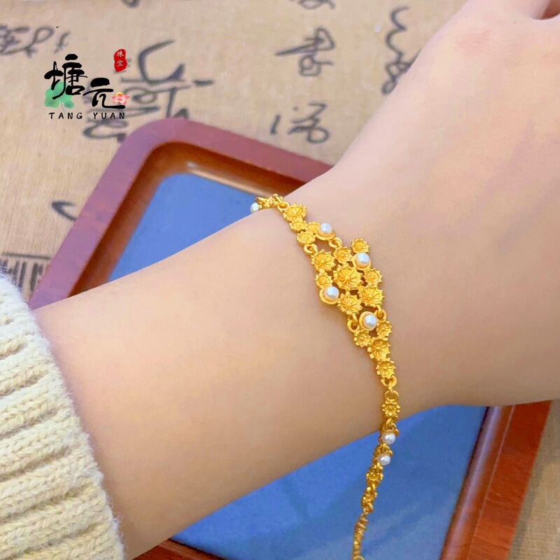 Monet Water Lily Series New Retro High-End Inlaid Pearl Flower Bracelet Imitation Gold Wholesale Live High Color Retention