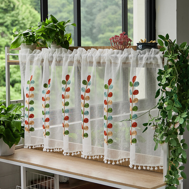 Double-layer Plain Color Half Curtain Finished Cabinet Plain Color Advanced Sense Embroidery Cabinet Curtain Shade Curtain Partition Curtain Coffee Curtain