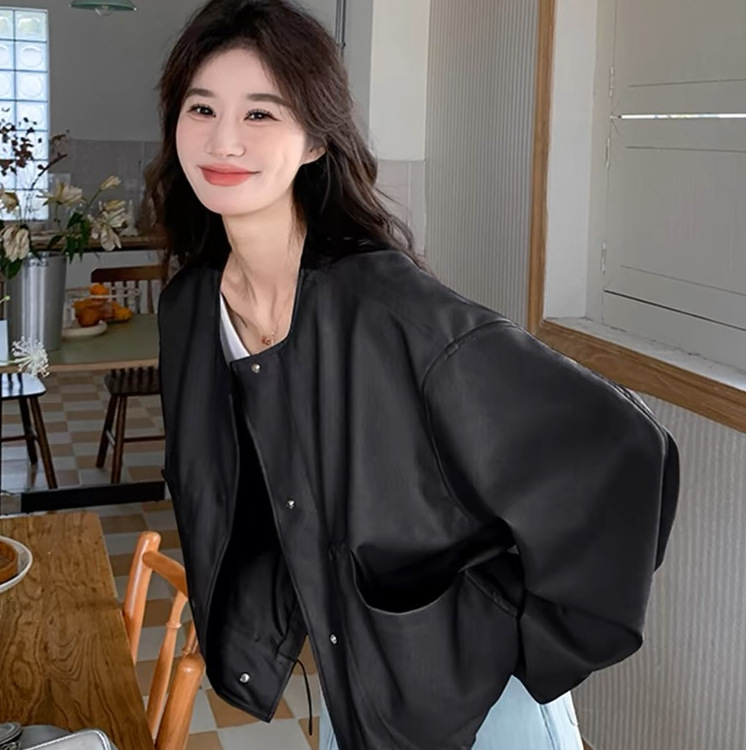2025 Spring New Design Hem Drawstring Baseball Jacket Leather Jacket Women's Loose Casual Motorcycle Jacket