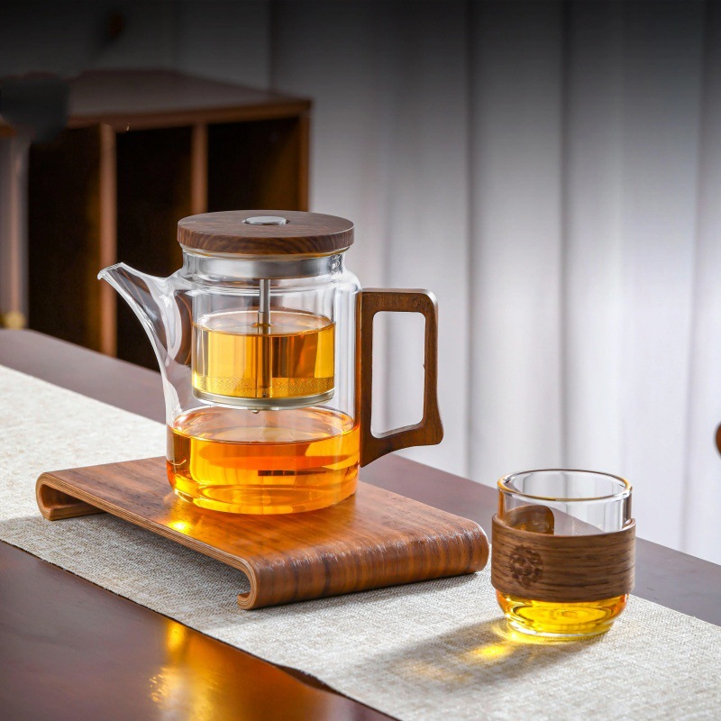 一键分离泡茶飘逸杯耐高温玻璃茶具加厚木把办公室玻璃内胆茶壶