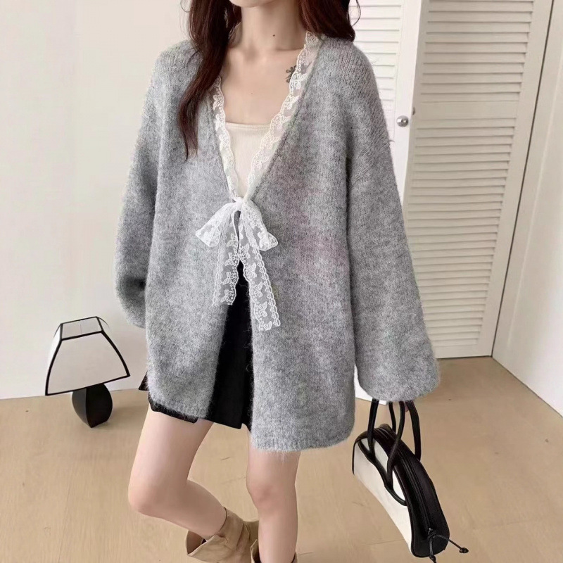 YS蕾丝蝴蝶结拼接宽松长袖毛衣女秋冬新款慵懒风甜美针织衫上衣|undefined