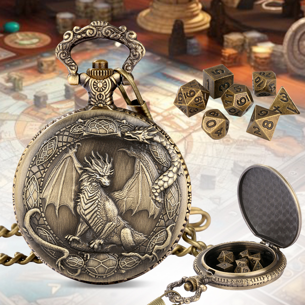 (Private Model) DND Dice Jewelry Pocket Watch Classic Retro Dragon Tail Flick Standing Border Winding Pendant