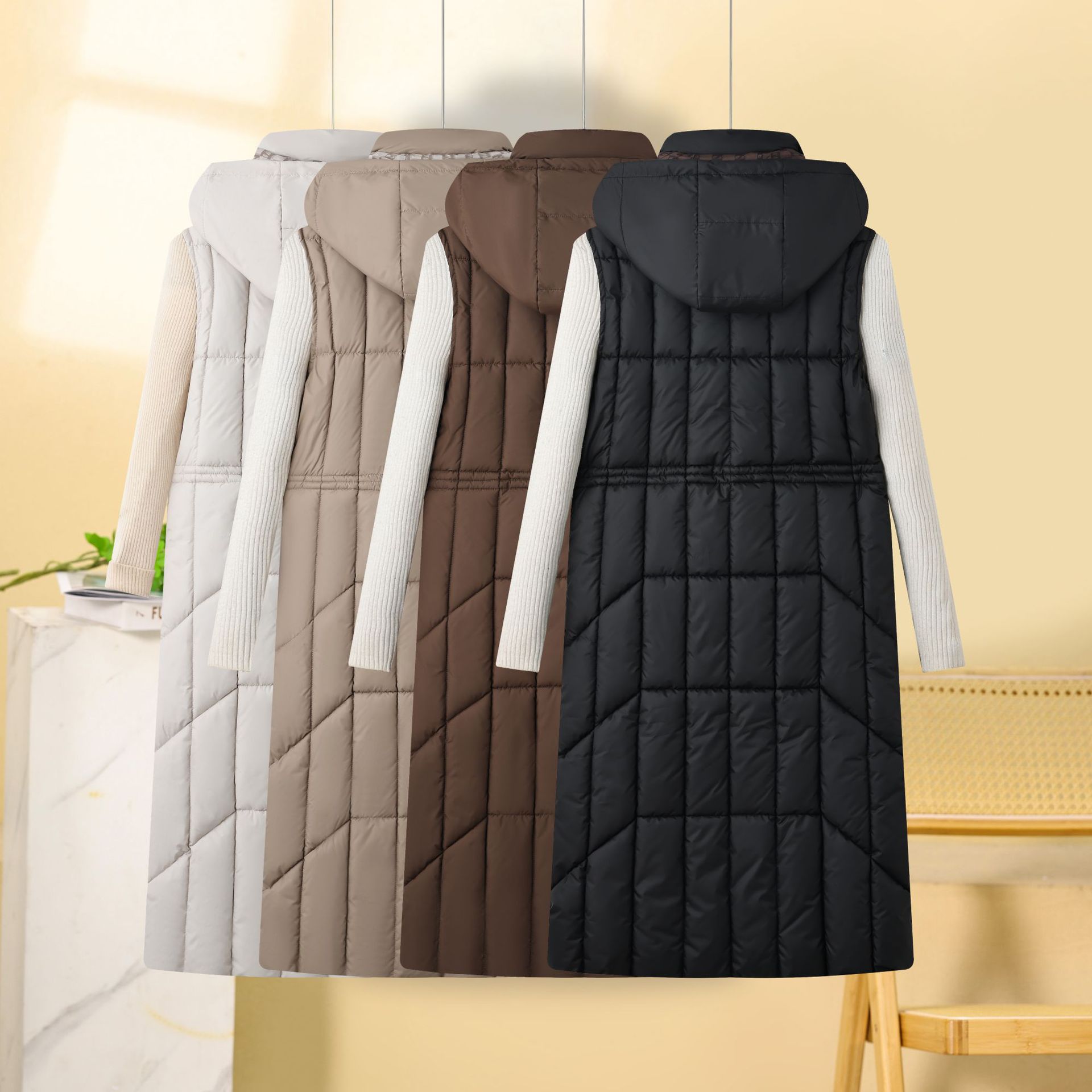 Cappotto gilet in cotone double face da donna – Piumino lungo e sottile invernale coreano, caldo capospalla reversibile (nero/bianco sporco/marrone/cachi, L-XXXL)_voghion.com