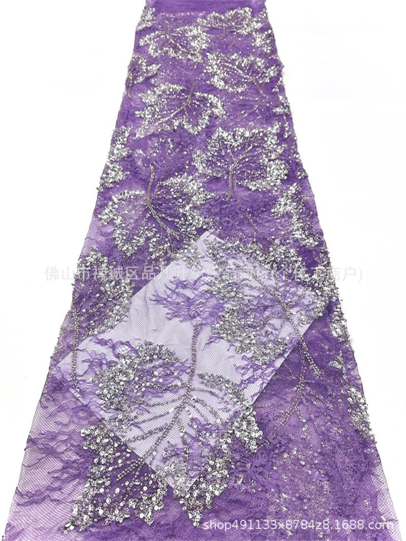 Nuevo encaje de hoja de arce hecho a mano tela de cuentas de clavado sequilla cola de pescado vestido de brindis cena anual vestido de tela en stock