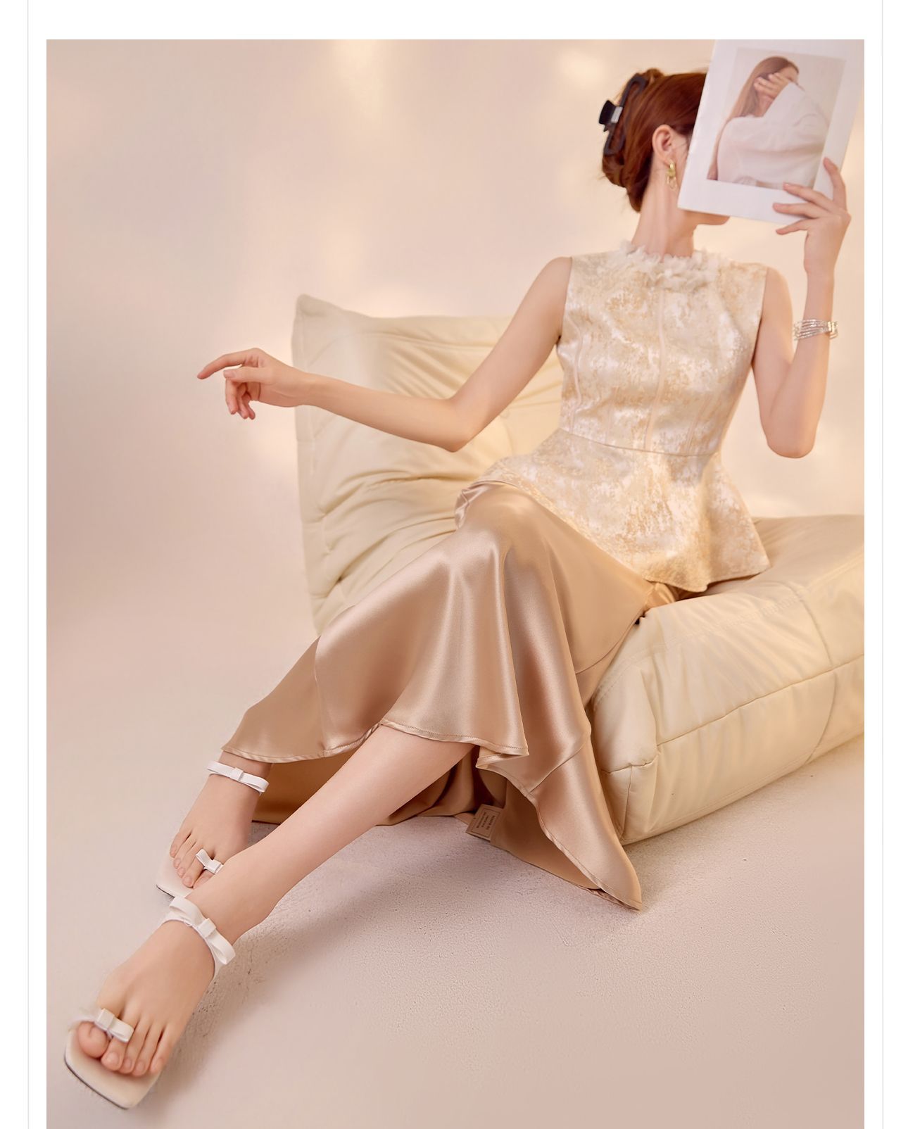 Áo sơ mi cổ tròn ren tinh tế phong cách Trung Quốc mới, thắt eo đa năng mùa hè ZX N3106 — Màu trắng be chi tiết 4