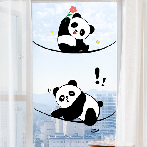Adorable Panda Cartoon Wall Sticker Self-Adhesive Push-Pull Glass Door Decor Electrostatic Sticker Shopping Mall Glass Show Window Scene Decoration