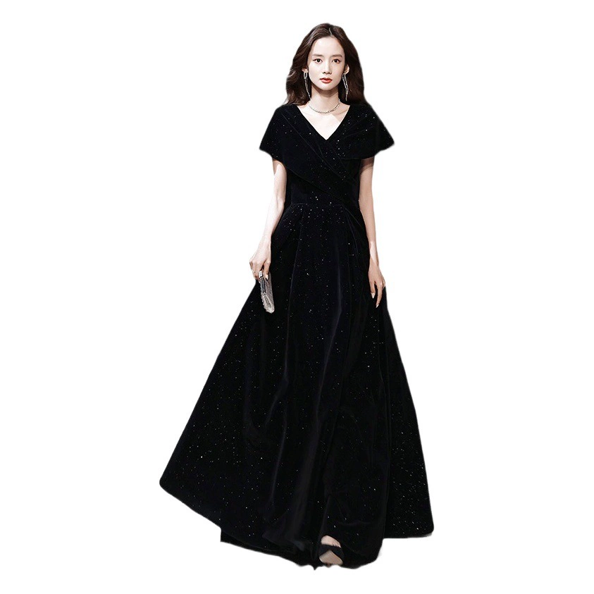 Черное бархатное вечернее платье для женщин, новинка 2025 года, элитный стиль, легкая роскошь, нишевое, для выпускных вечеров, торжественных мероприятий и ведущих.