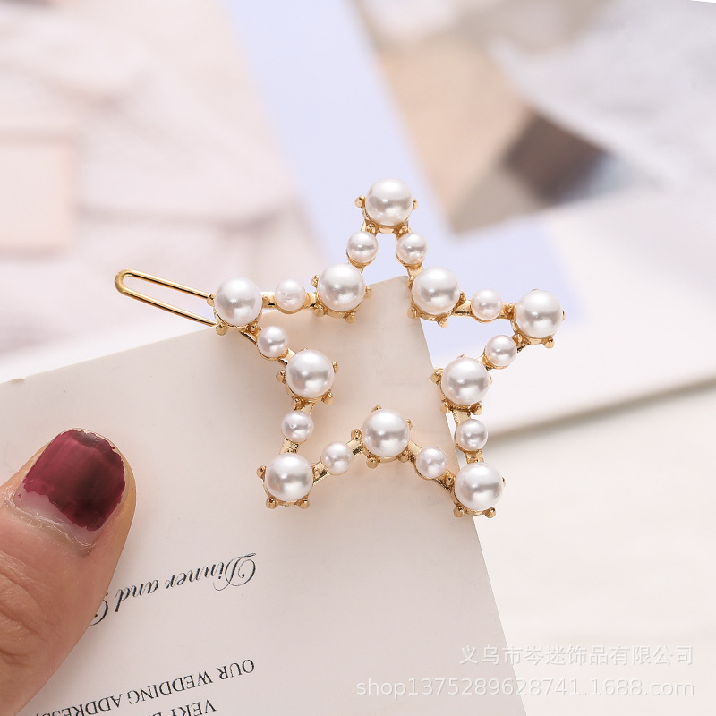 2022 nueva moda elegante estrella de cinco puntas horquilla aleación incrustaciones perla palabra clip Cen ventilador accesorios para el cabello al por mayor