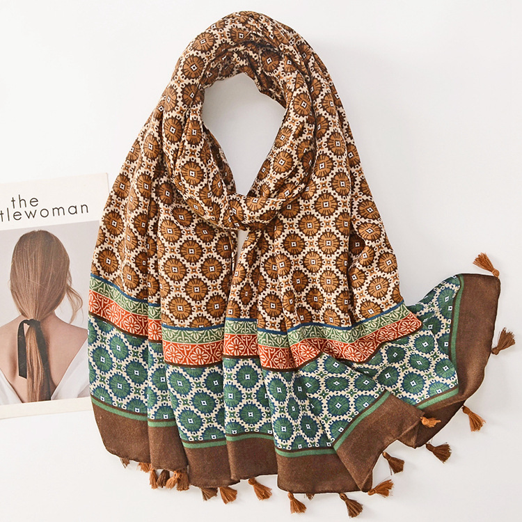 Estilo étnico retro rueda flor caliente protector solar bufanda larga borla decorativa chal algodón Lino suave bufanda