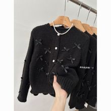 春秋新款小香风蝴蝶结针织衫上衣设计感重工短款针织毛衣开衫