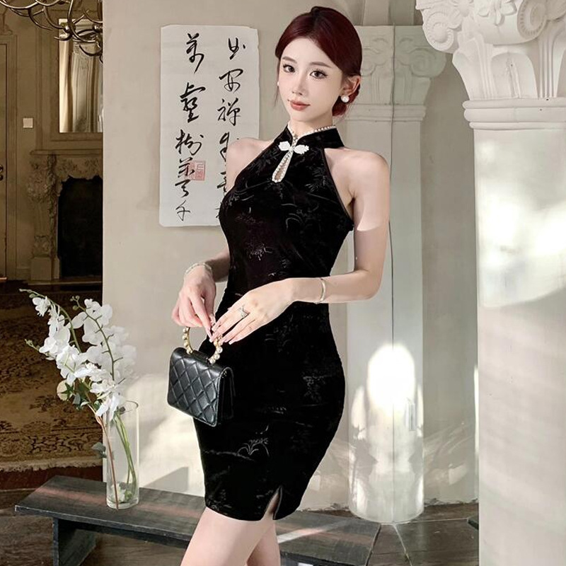 WDS4041 Europe and the United States 2024 cross-border foreign trade sexy sleeveless nail bead hollow slim slit cheongsam dress skirt