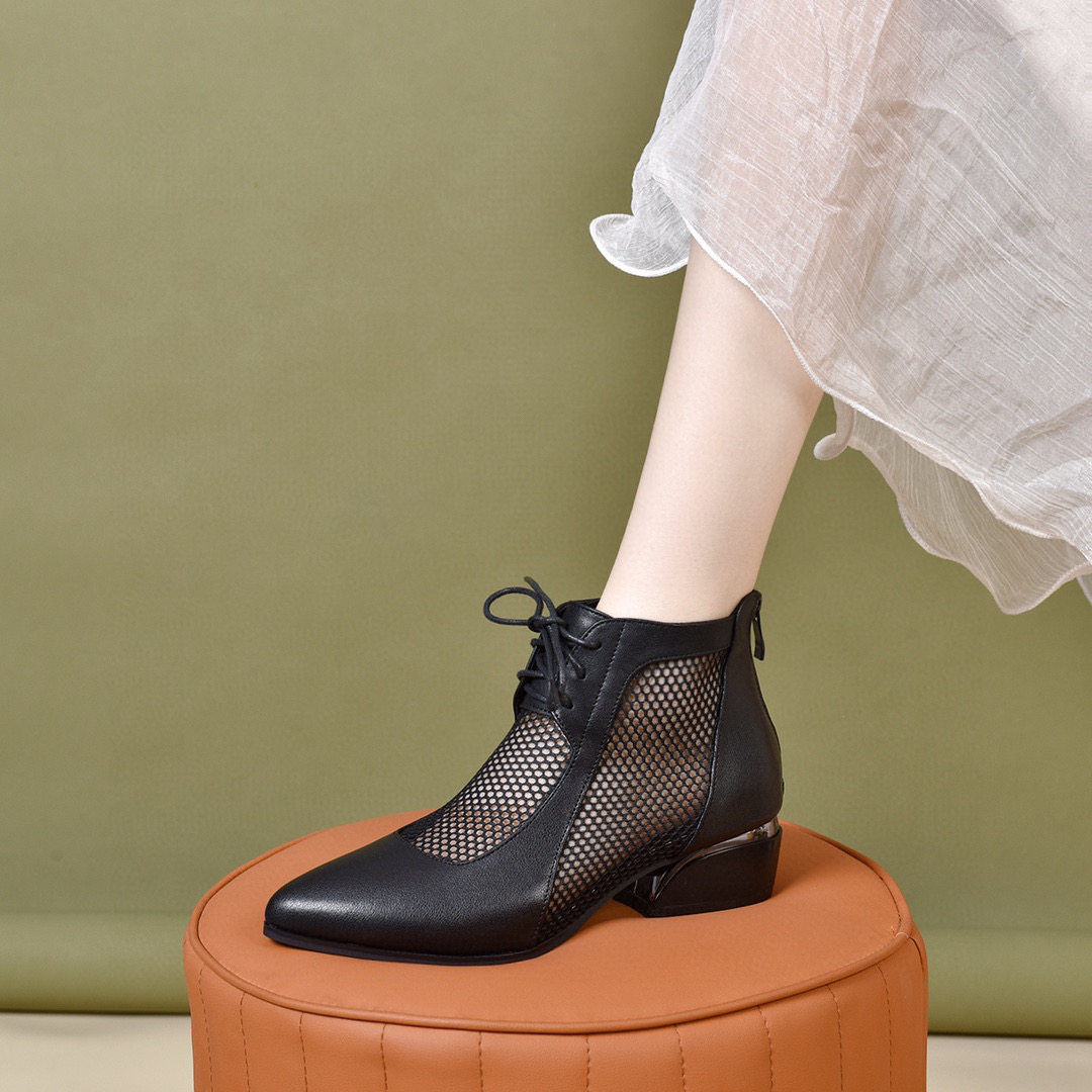 Sandal nữ mũi nhọn gót thấp La Mã da thật lưới thoáng khí — màu đen