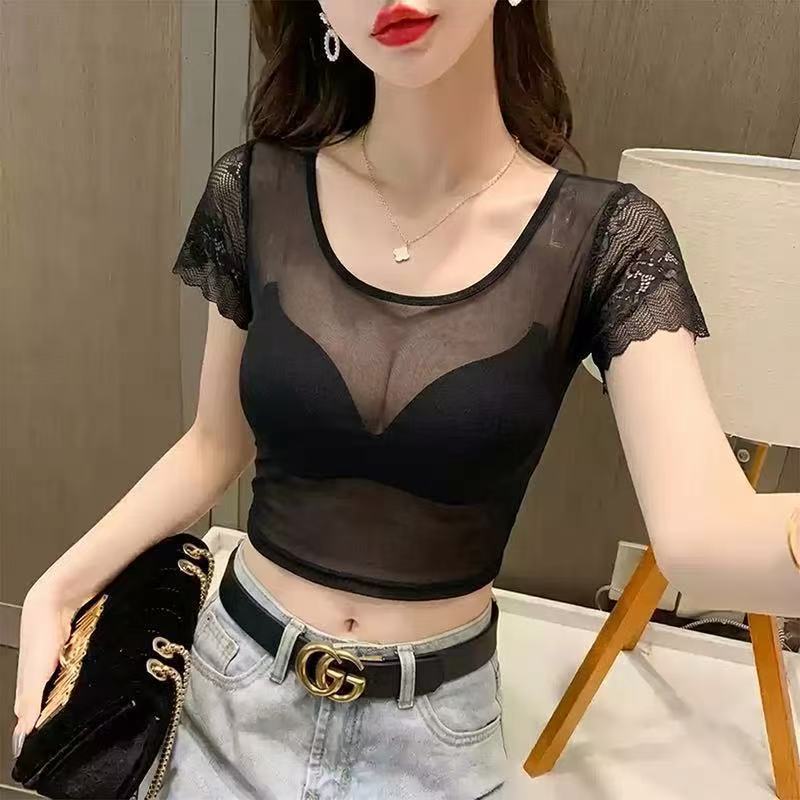Stylish layered top, outerwear, ice silk mesh lace blouse, short round neck, perfect for pairing with a skirt, conceals arms and creates a slimming effect.