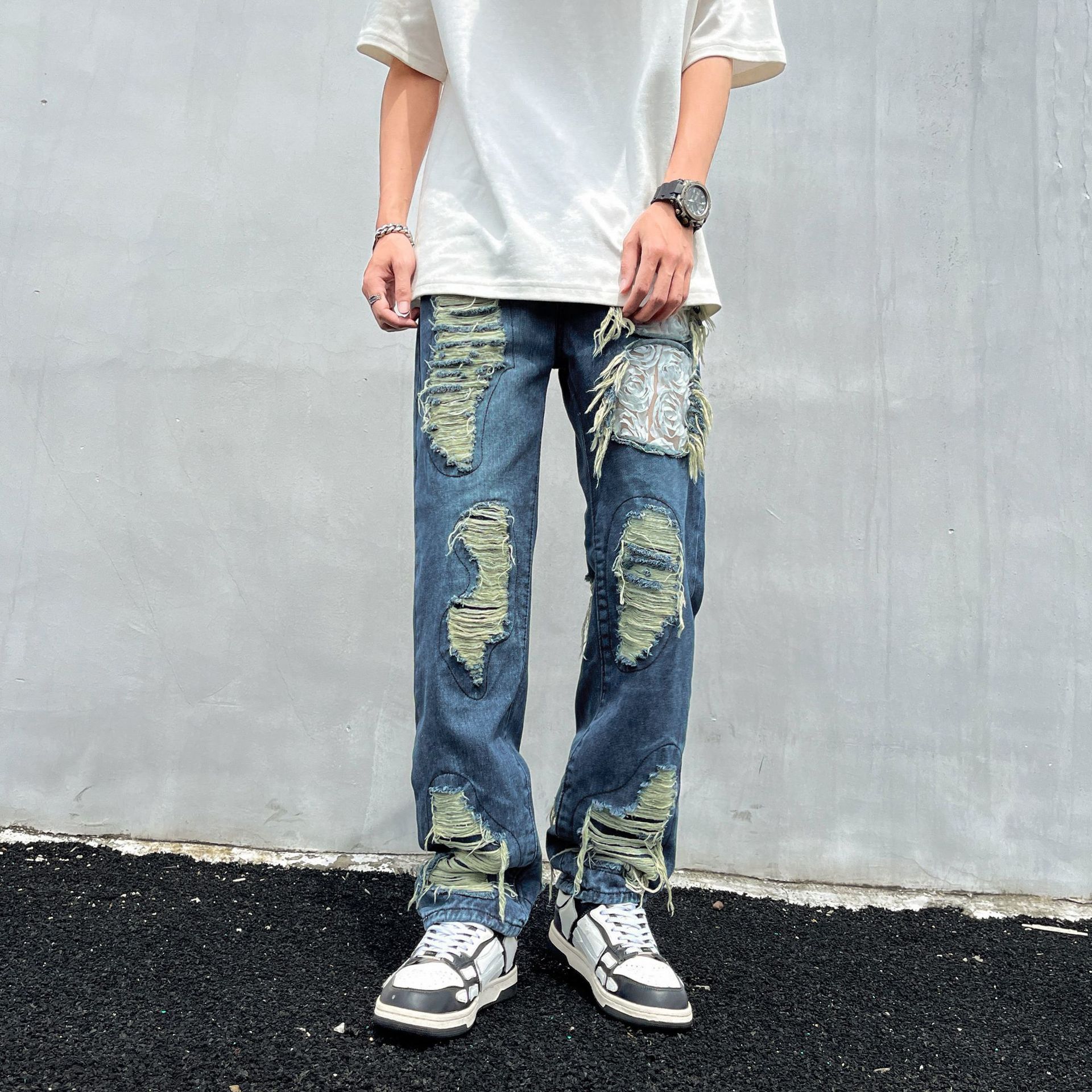 Tie-Dye Ripped Jeans For Men And Women American High Street Vintage Washed Slim Fit Flared Pants_mkmklike.com
