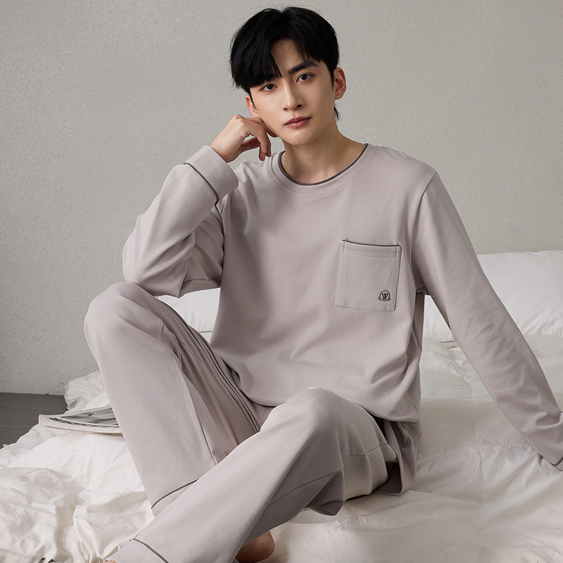 100% Cotton Antibacterial Pajamas Men's Spring and Autum Long-Sleeved Pants Simple Pure Color Loose Cotton Home Clothes Two-Piece Set