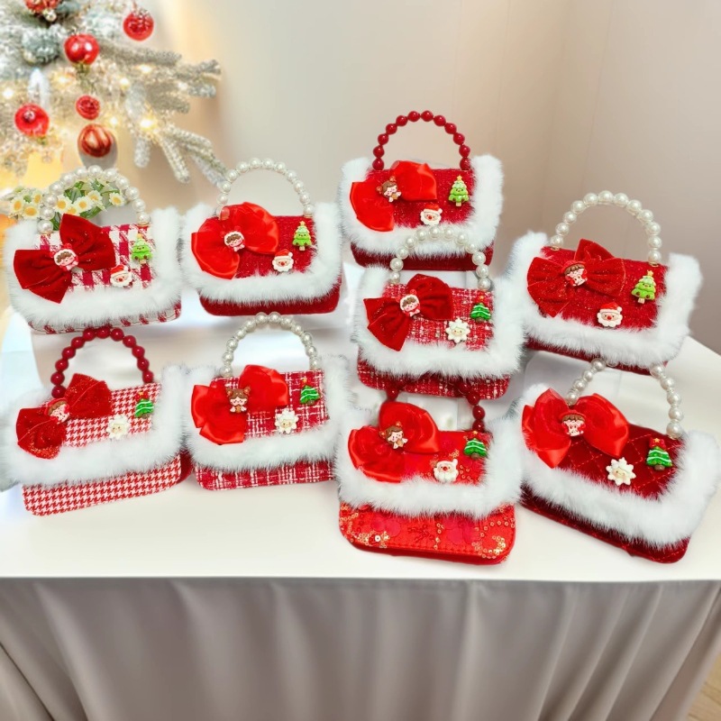 Cartera de Año Nuevo rojo arco de papá Noel bolso de perla pequeña cadena de viento fragante bolso de hombro