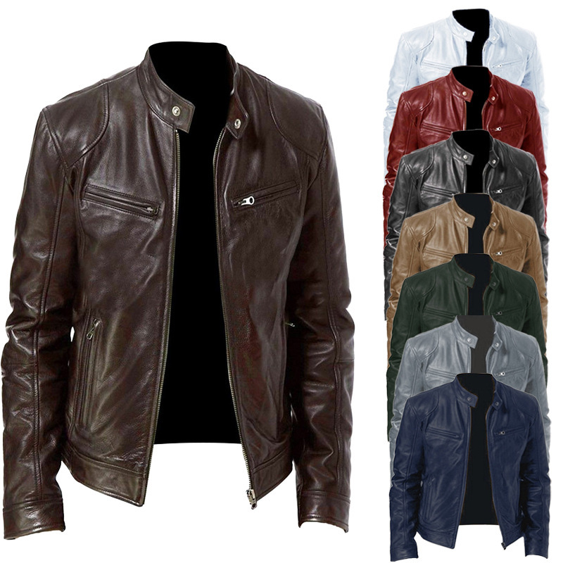 2023 Herren Casual Vintage Slim Zip Kunstlederjacke Langarm Stehkragen Multi-Pocket Mantel Herbst Winter Warme Oberbekleidung_voghion.com