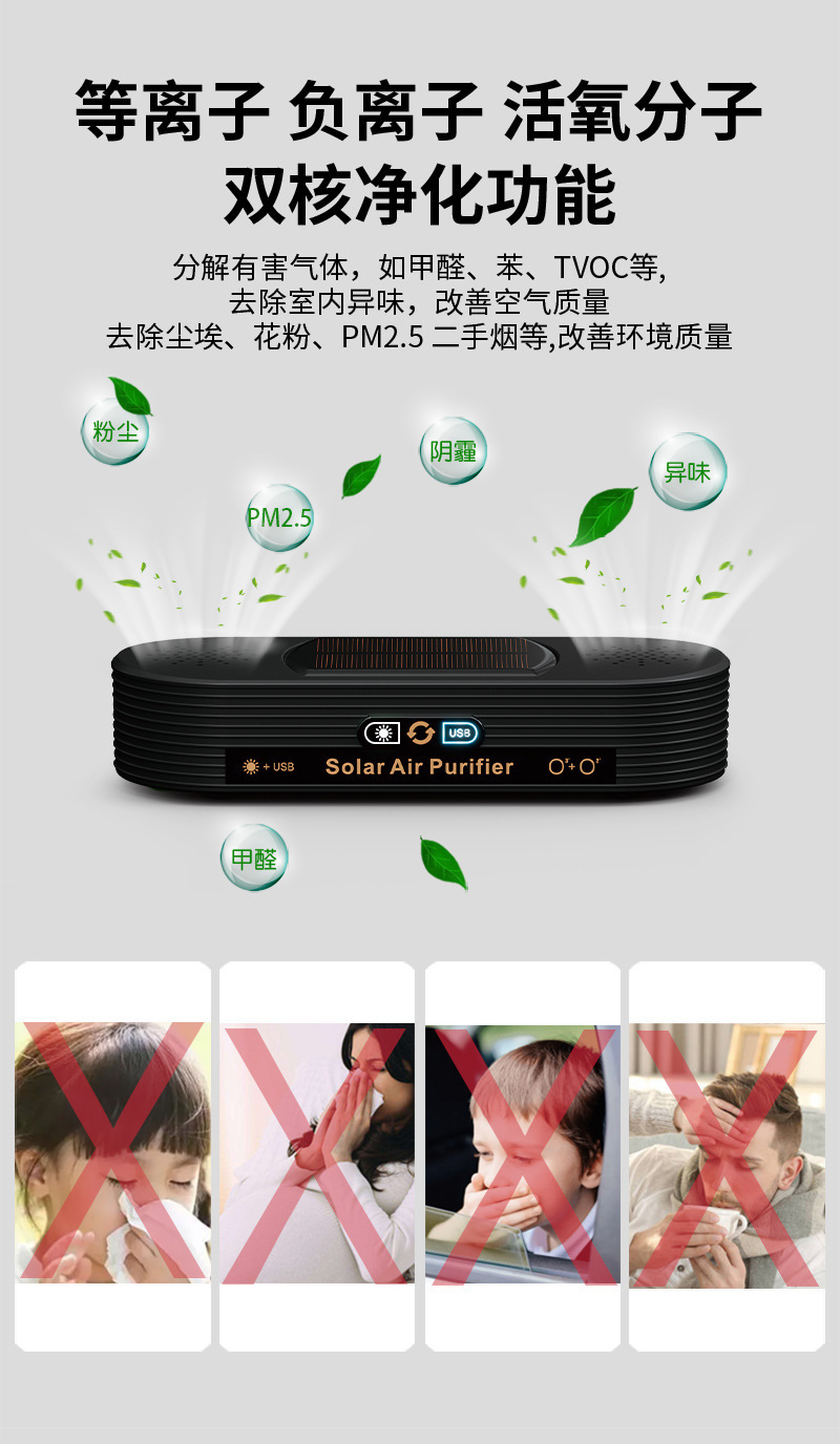 Dual-core solar-powered car air purifier, removes formaldehyde, eliminates odors, durable, intelligent car purifier, natural oxygen bar