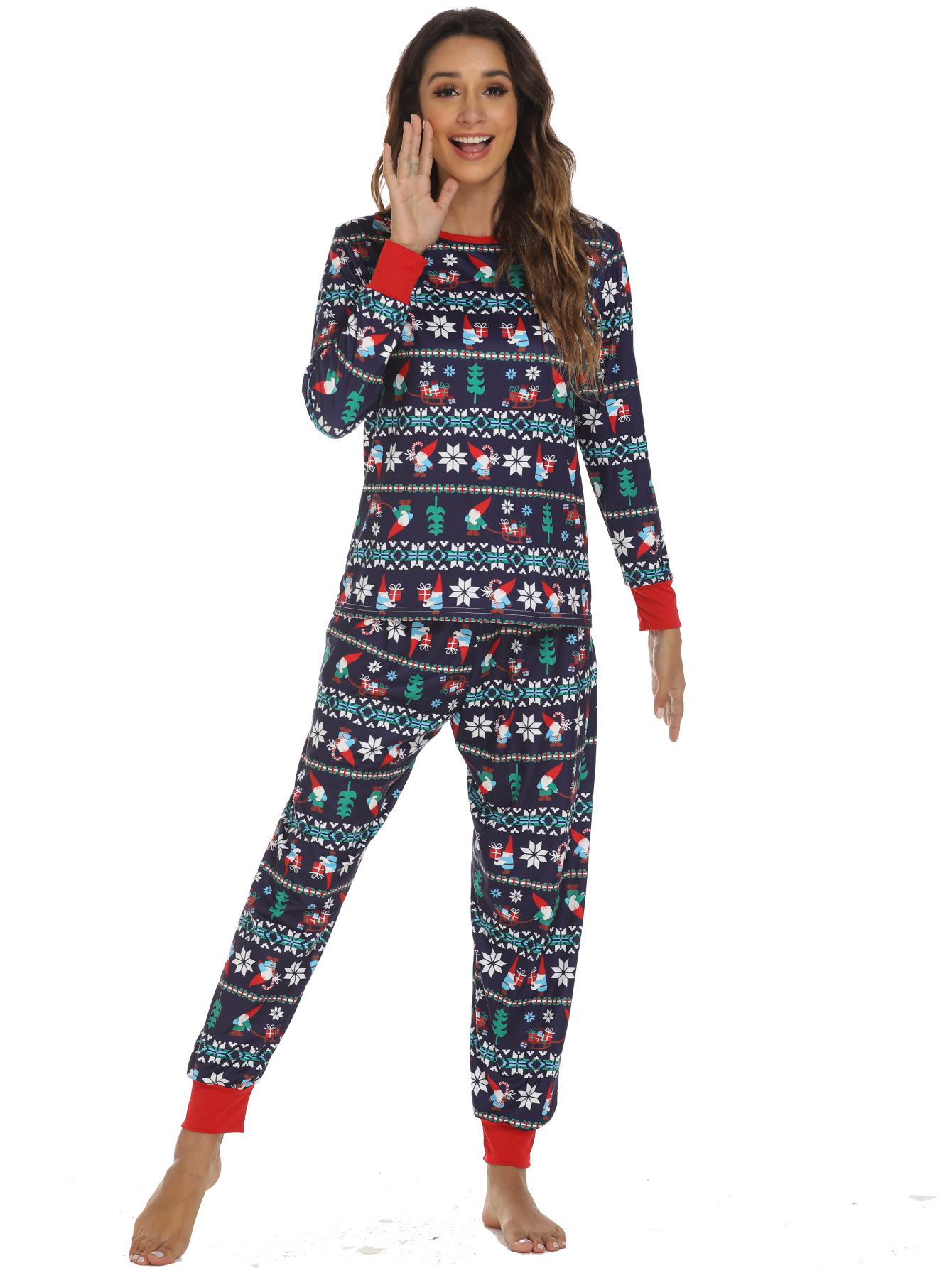 Winter, Spring, Autumn Season Women'S Gender Printing Design Fashion Style Home Women'S Fashion Color Block Elk Polyester Printing Pants Sets Pajama Sets