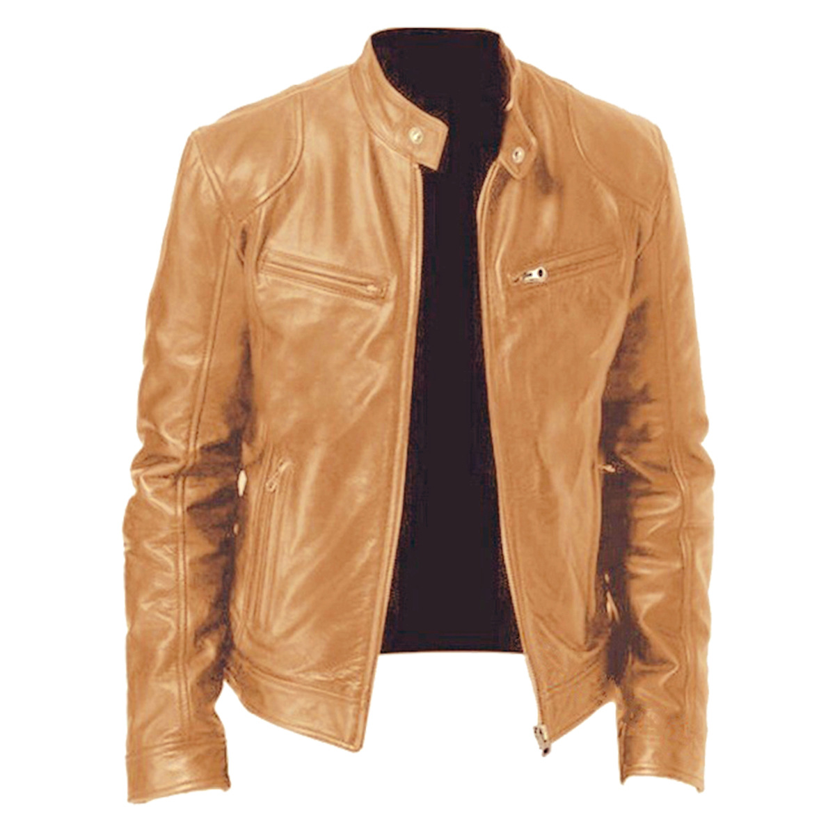 Southern Winter Warm Button Fashion Dominant Motorcycle Men's Multi Poc PU Coat Mock Neck Zipper Cardigan Leather_voghion.com
