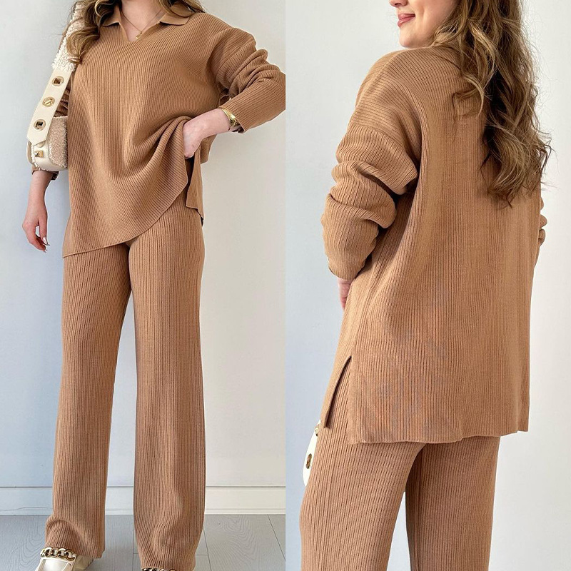 Women's Sweater Co-ords Set Solid Colour Loose Hem Slit Two Piece_voghion.com