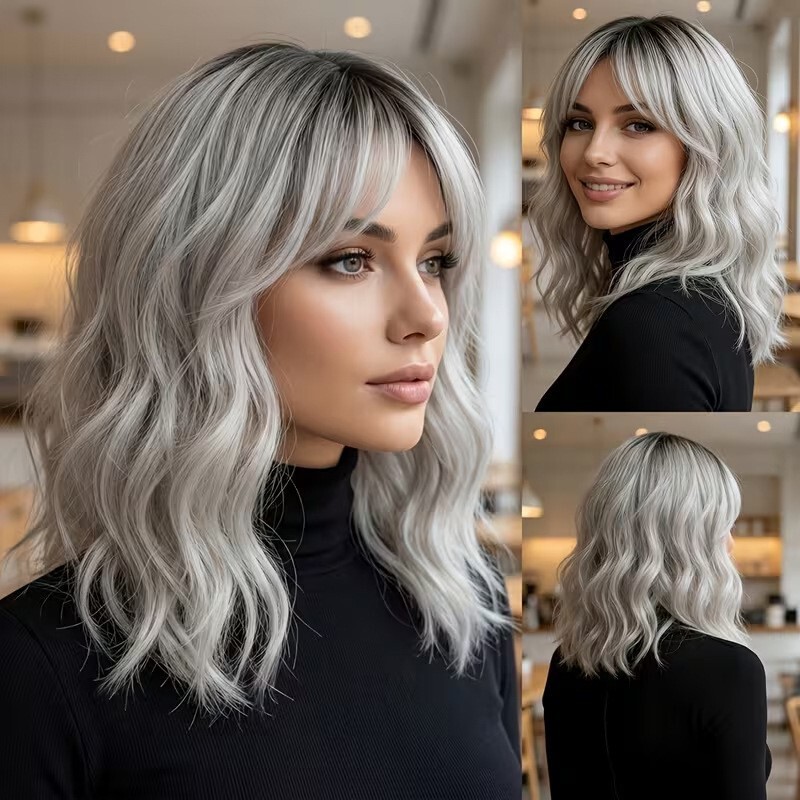 European and American style granny gray women's curly wig, fashionable and elegant, natural waves, breathable and comfortable, middle-parted, gradient