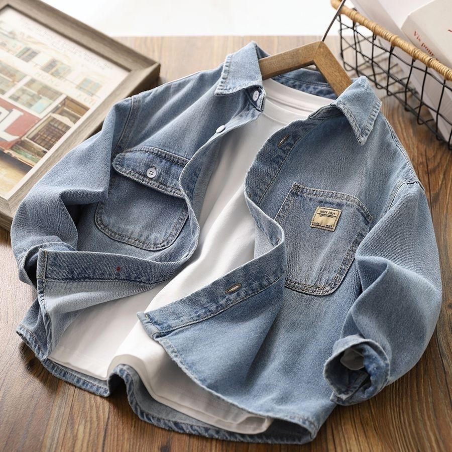 Boys' Denim Shirt 2024 Spring and Autumn New Style Children's Long-Sleeve Casual Jacket Thin Shirt for Older Kids Cardigan Top