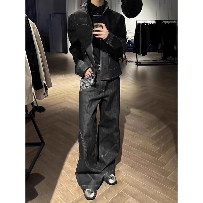 2025 Men's New Versatile A-Line Raw Denim Narrow Selvedge Laser Burnt Jacquard Patchwork Straight-Leg Jeans Cotton