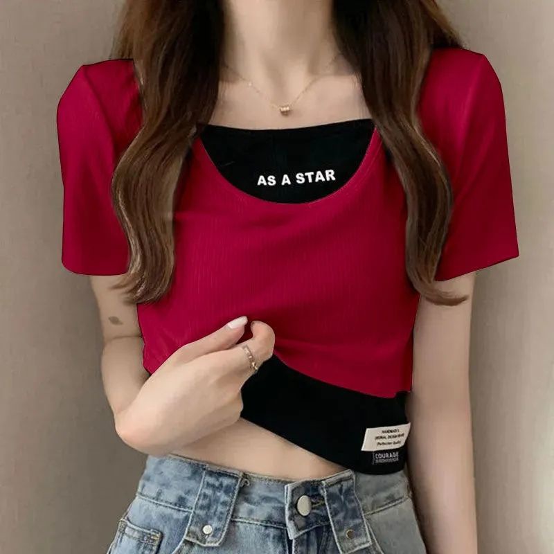 Designed Fake Two-Piece Short-Sleeved T-Shirt for Women 2025 Summer Niche Printed Short High-Waisted Slimming Look Top Trendy