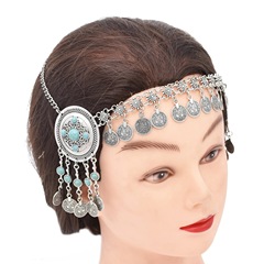 Ethnic style headpiece Yunnan Dai and Tibetan tourist photo props alloy coin earring tassel slim forehead chain ornament