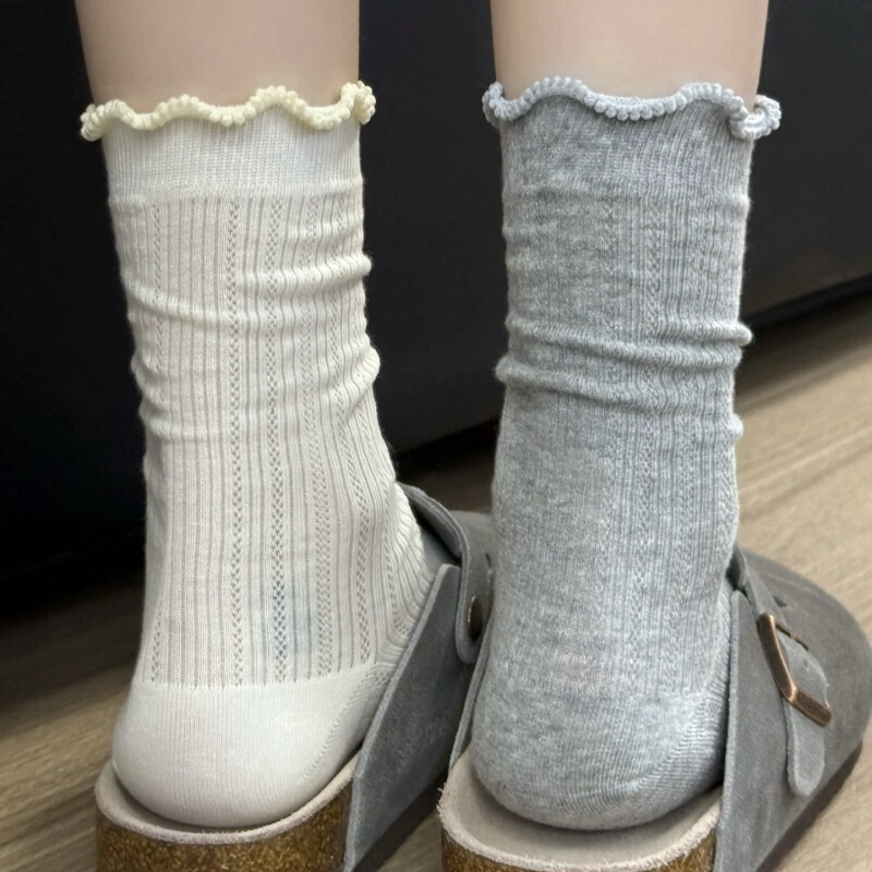 Spring and Summer Thin Women's Solid Color Hollow Mesh Mid-Calf Socks, White Korean Style Breathable Lace Ruffle Socks Spring and Summer Thin Women's Solid Color Hollow Mesh Mid-Calf Socks, White Korean Style Breathable Lace Ruffle Socks