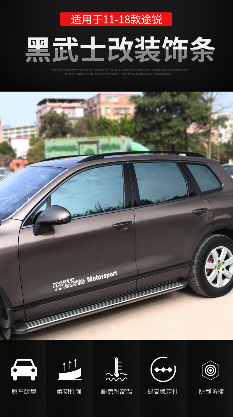 Suitable for 2011-2018 Volkswagen Touareg models, this is a black trim for the window sills, front grille, and front bumper, specifically designed for the "Black Warrior" modification