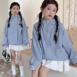 春秋季中大女童休闲外套春装新童装儿童女孩两面穿格子上衣拉链衫