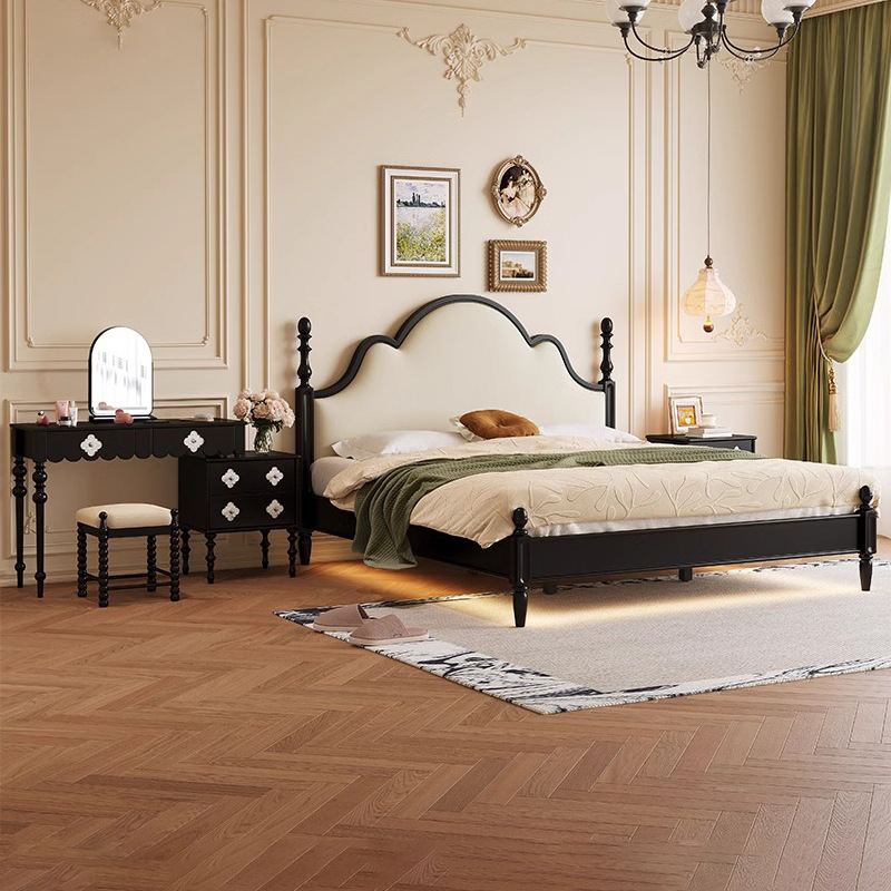 Cama de cuero retro francés, dormitorio principal, cama doble de madera maciza moderna simple y antigua, cama doble de 1,8 m 2025 nueva cama