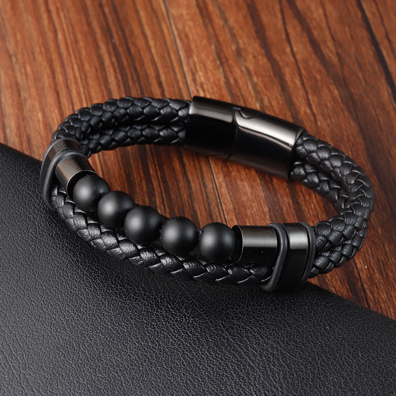 Daily Occasion Retro Classic Style Pu Leather Volcanic Rock Titanium Steel Geometric Woven Chain Men Cord & Leather Bracelets