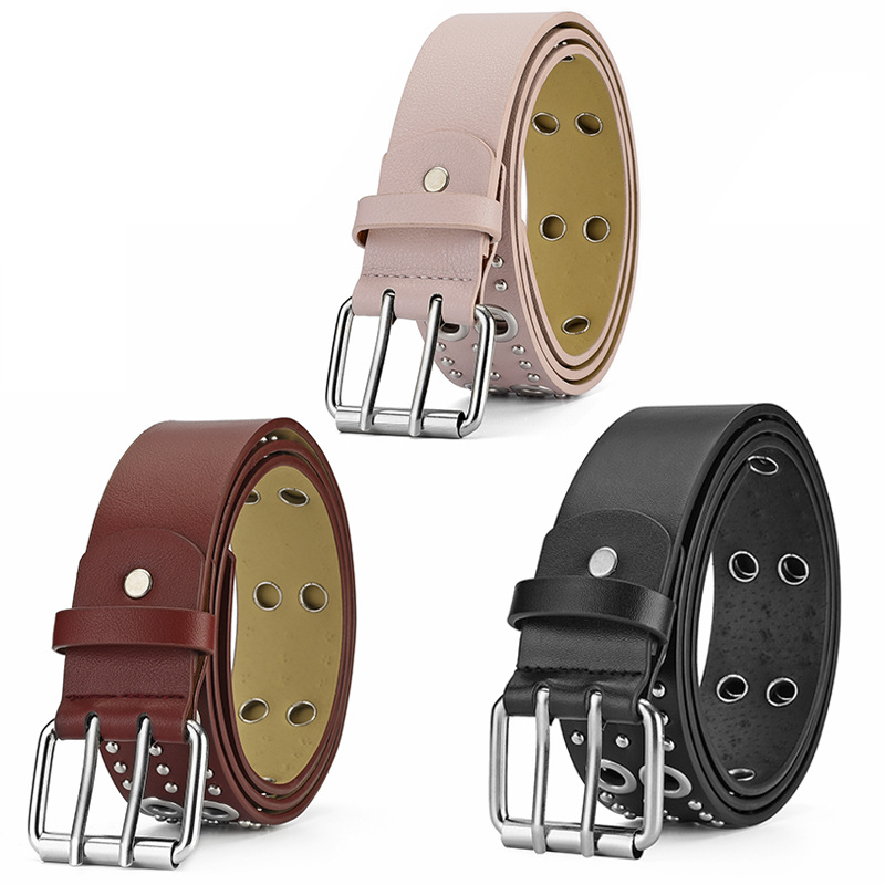 Estilo punk europeo y americano cinturón de remache hueco hombres y mujeres todo partido moda doble fila pin hebilla cinturón decoración personalizada de las mujeres