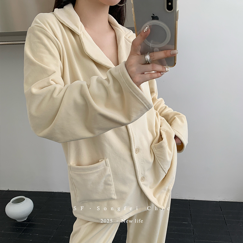 25松霏新款澳毛绒加绒加厚睡衣女 软糯宽松净版家居服翻领套装|undefined
