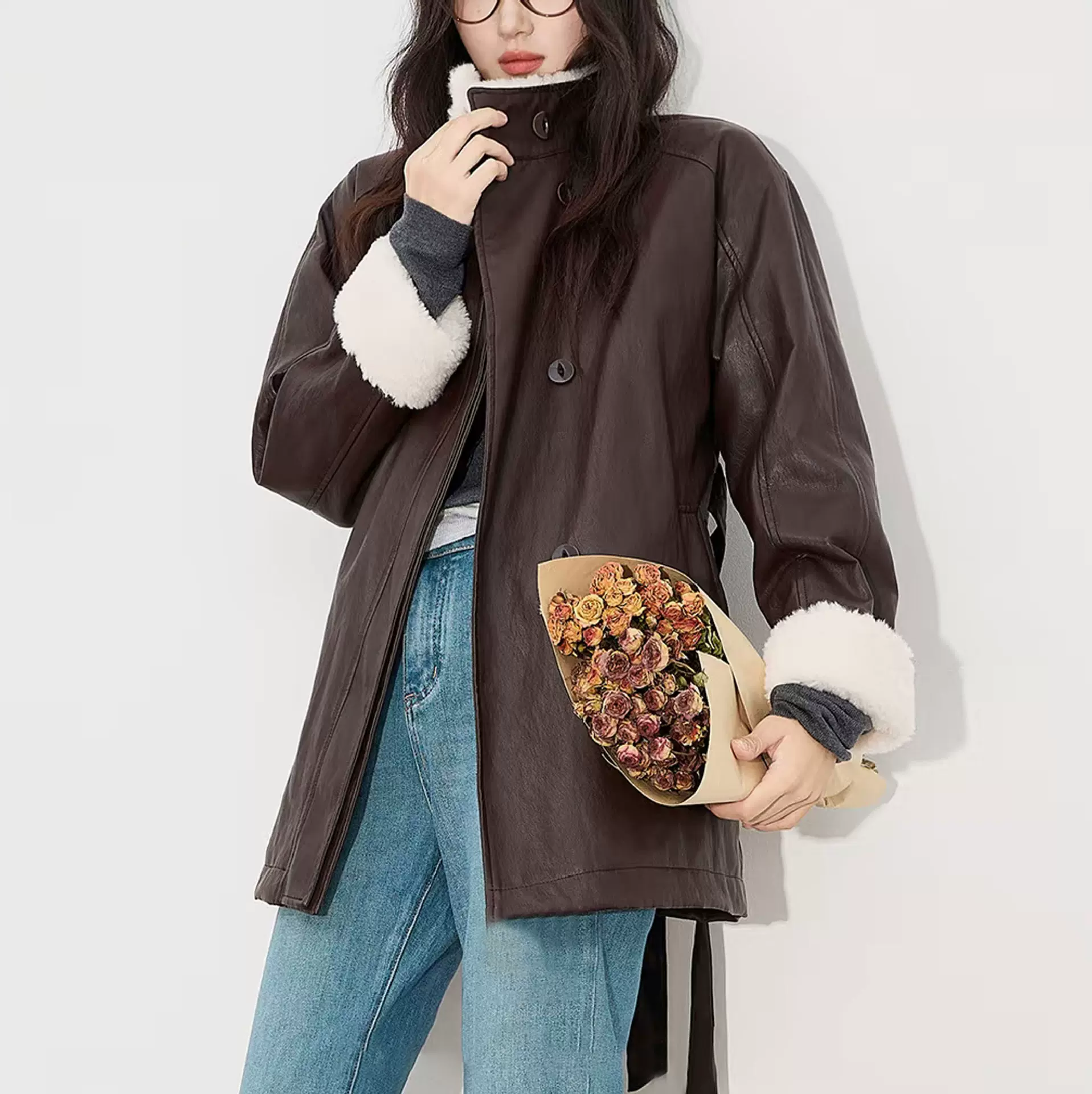 25秋冬复古美拉德立领加绒保暖皮衣撞色毛领中长款风衣外套25635